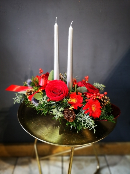 Handmade by florist in Bromley fresh flowers and pines candle centerpiece available for same day delivery in BR