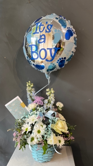 New baby boy set of fresh flowers and helium balloon for same day delivery in Croydon and Bromley area