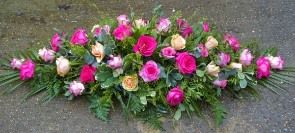 Classic roses coffin spray, casket spray for funeral and top of the coffin made by funeral florist in Hayes, Bromley, Kent