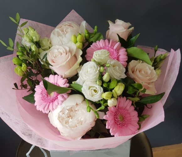 Peonies and Freesias bouquet made by florist in Hayes, Bromley, Kent available for same day delivery in BR, West Wickham, Keaton, Shirley, Cony Hall, Beckenham, Addiscombe, Elmers End, New Beckenham,  Crystal Palace, Orpington, Biggin hill, New Addington, Addington Village, Selhurst, Selsdon, Gravel Hill