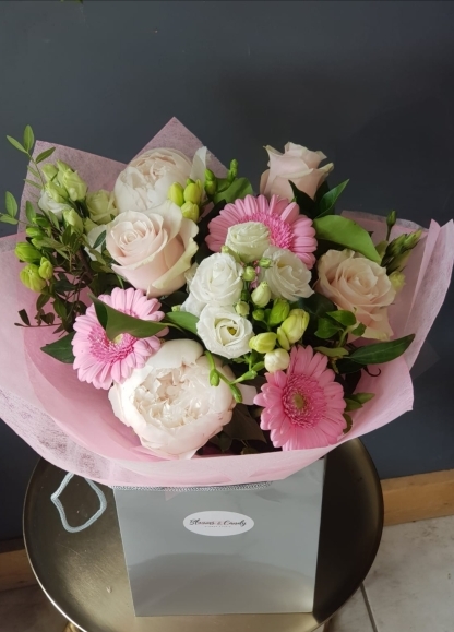 Peonies and Freesias bouquet made by florist in Hayes, Bromley, Kent available for same day delivery in BR, West Wickham, Keaton, Shirley, Cony Hall, Beckenham, Addiscombe, Elmers End, New Beckenham,  Crystal Palace, Orpington, Biggin hill, New Addington, Addington Village, Selhurst, Selsdon, Gravel Hill