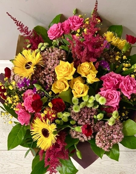 seasonal mix of flowers, vibrant colours, handmade by local florist in Bromley