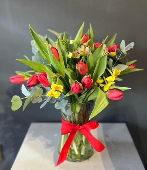 Spring love vase with red tulips made by florist in Hayes, Bromley