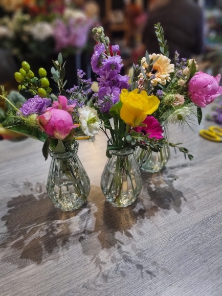 Trio bud vases florist gift to include Peony fro same day delivery in Hayes, Bromley, Beckenham, Croydon, Orpington, Chislehurst,Petts Wood, Crystal Palace, South Norwood, West Wickham, Shirley, Elmers End, Bickley, Shortlands, Biggin Hill