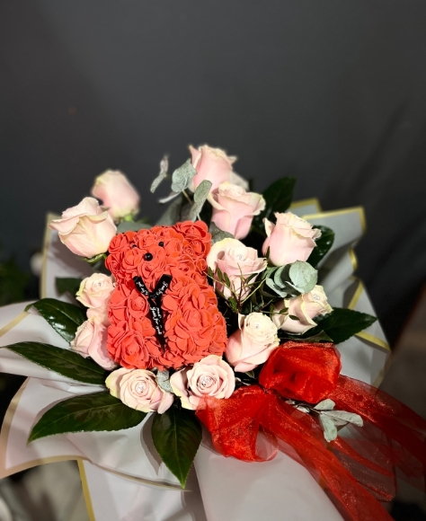 12 pink roses bouquet with incorporated red foam forever teddy made by florist in Hayes, Bromley, Kent for Valentine’s delivery in all BR postcodes 