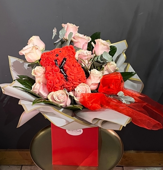 12 pink roses bouquet with incorporated red foam forever teddy made by florist in Hayes, Bromley, Kent for Valentine’s delivery in all BR postcodes 