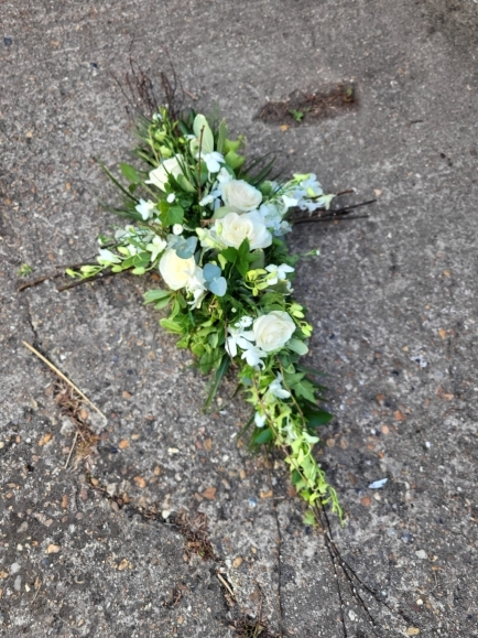 Woodland cross build on willow with Singapore orchid and roses by Blooms and Candy florist 