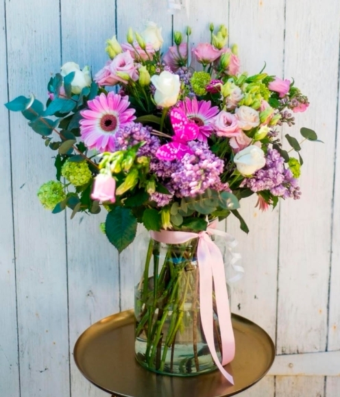 seasonal flowers to include lilac glass vase handmade by florist.in Hayes, Bromley