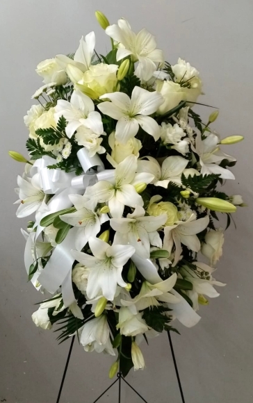 white roses and white lilies service arrangemenr made by florist in Bromley for free delivery for funeral in BR1 BR2 BR3 BR4 BR5 BR6 BR7 BR8 CR09 CR07 CR0 TN16 SE6 SE9 SE12